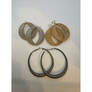 Set Of 3 Pairs Hoop Earrings Gold & Silver Tone Lightweight Textured & Smooth De